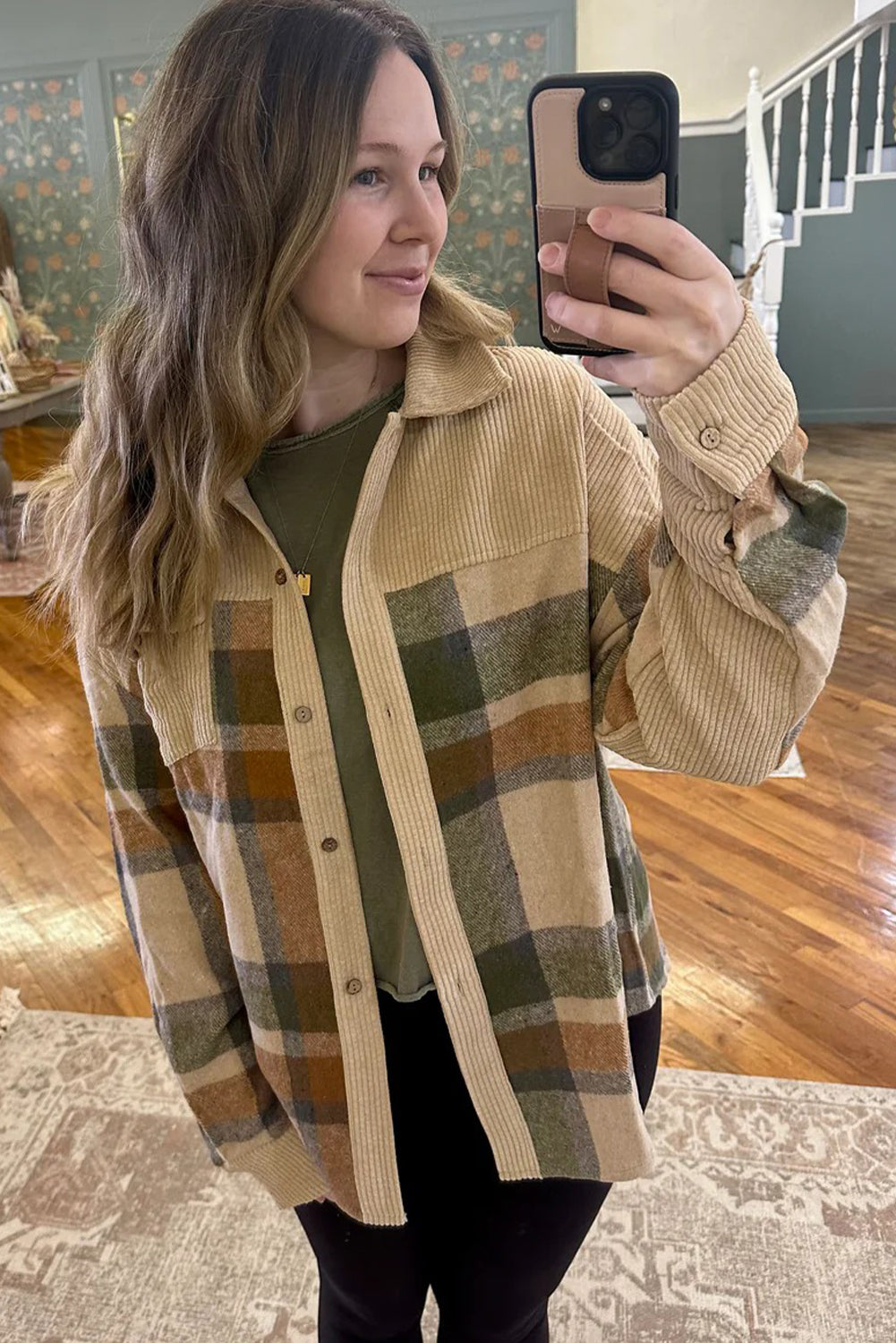 Parchment Plaid Patchwork Long Sleeve Shacket e6bc2ff03fec364a
