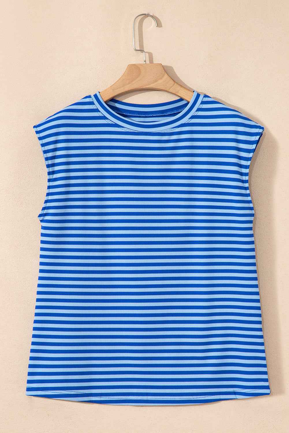 Sky Blue Stripe Ribbed Cap Sleeve Round Neck T Shirt e6bee6302d41ab62
