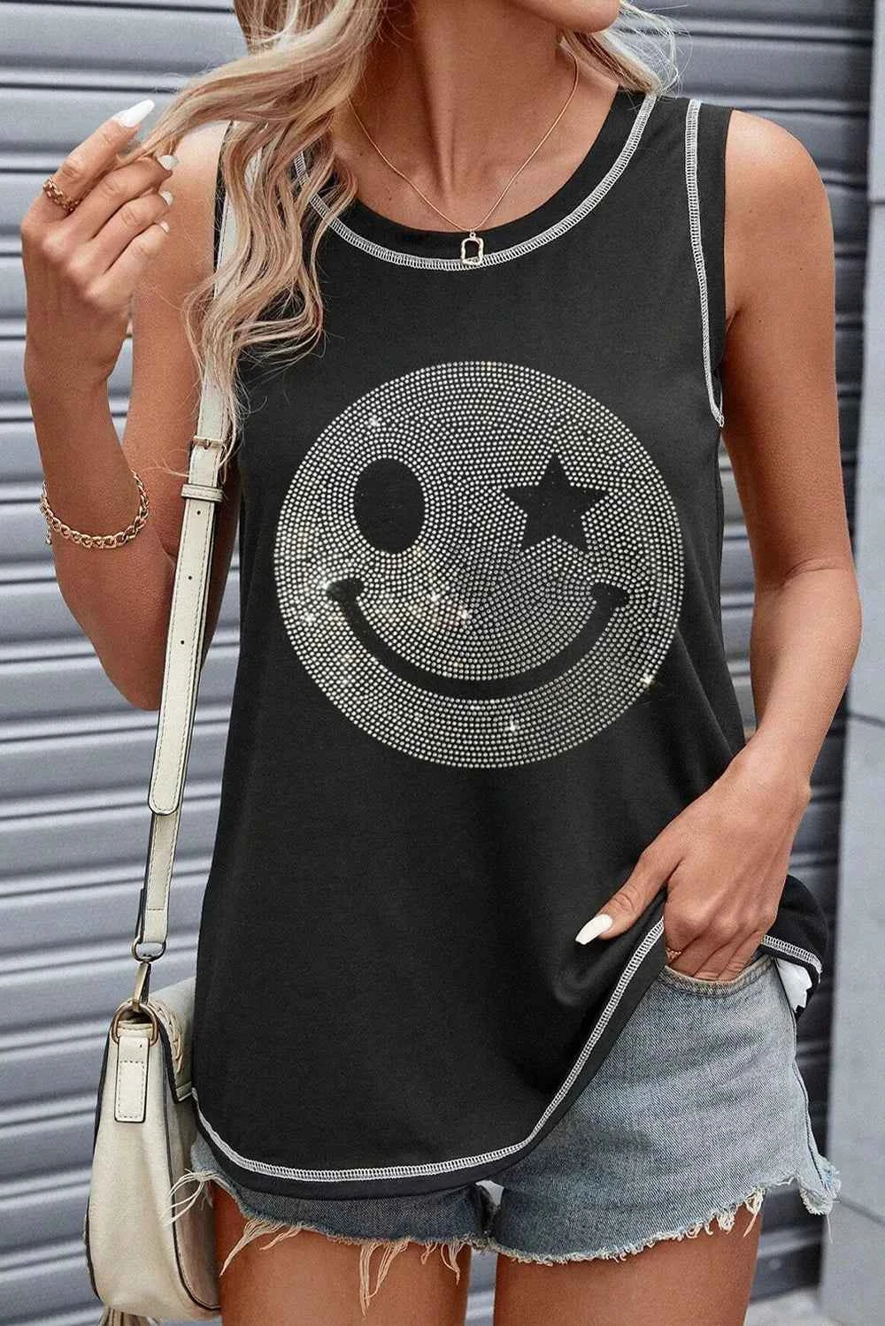 Rhinestone Smile Face Round Neck Tank Black e6e0bdcc-99c1-42f0-a408-6e3a23d34759-Max
