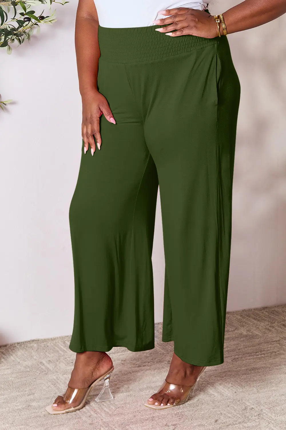 Basic Bae Full Size Smocked Wide Waistband Wide Leg Pants e6e9e362dc6f4df8bf0c1b703092a9e4-Max