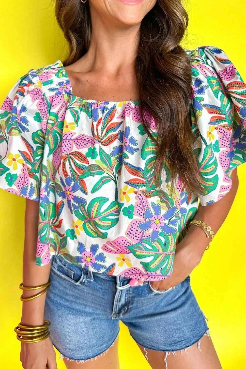 Plant Print Loose Fit Puff Sleeve Square Neck Blouse Floral e6faaba7-b40f-4830-ab4f-d0ca4020cbf0-Max-Origin