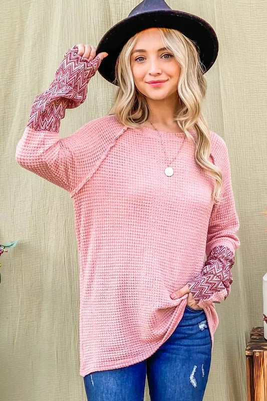 And The Why Button Detail Printed Sleeve Waffle Knit Top e70129704b574d6ba517efc13ffe26de-Max-Origin