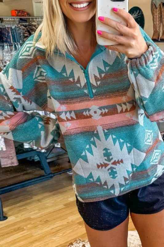 Western Aztec Quarter-Zip Elastic Cuffs Sweatshirt Khaki e70968ba-ad68-4ddd-aa95-0eb5e29f1bdc