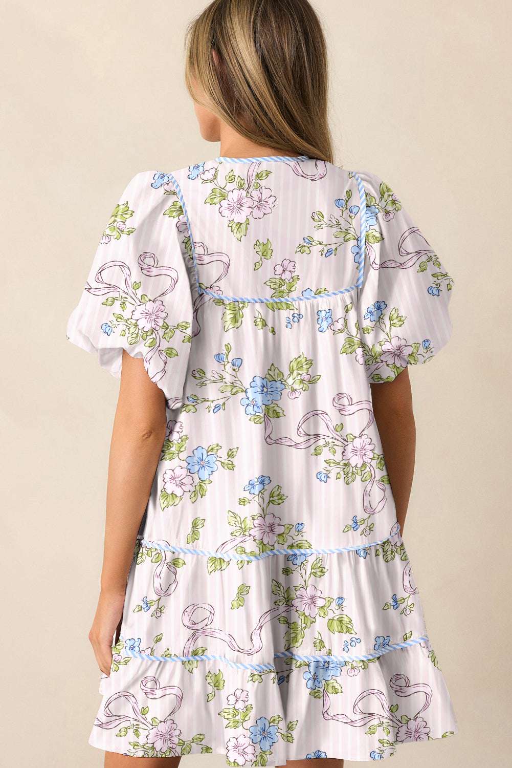 Pink Floral Striped Print Contrast Trim Tie Split Neck Mini Dress e70e3dd75abe145c-_2