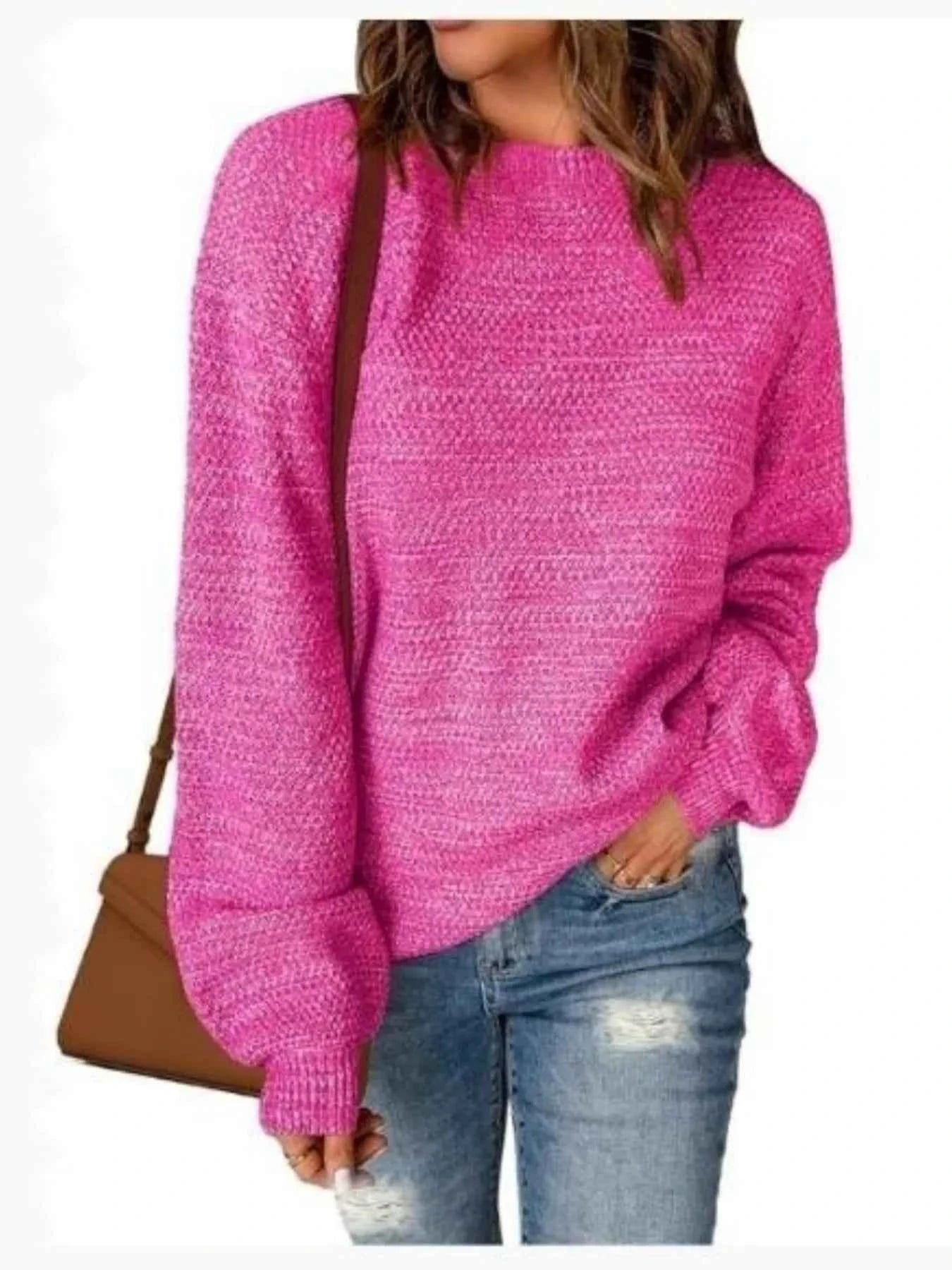 Round Neck Long Sleeve Sweater Rose Red e710f385d13c4b11a8ab1dfbc367a559-Max-Origin