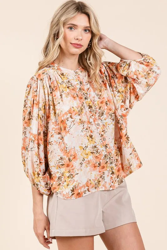 Mittoshop Flower Print Batwing Sleeve Button Down Blouse e7139856-dbf5-4b06-8cee-9c733b7b332c-Max