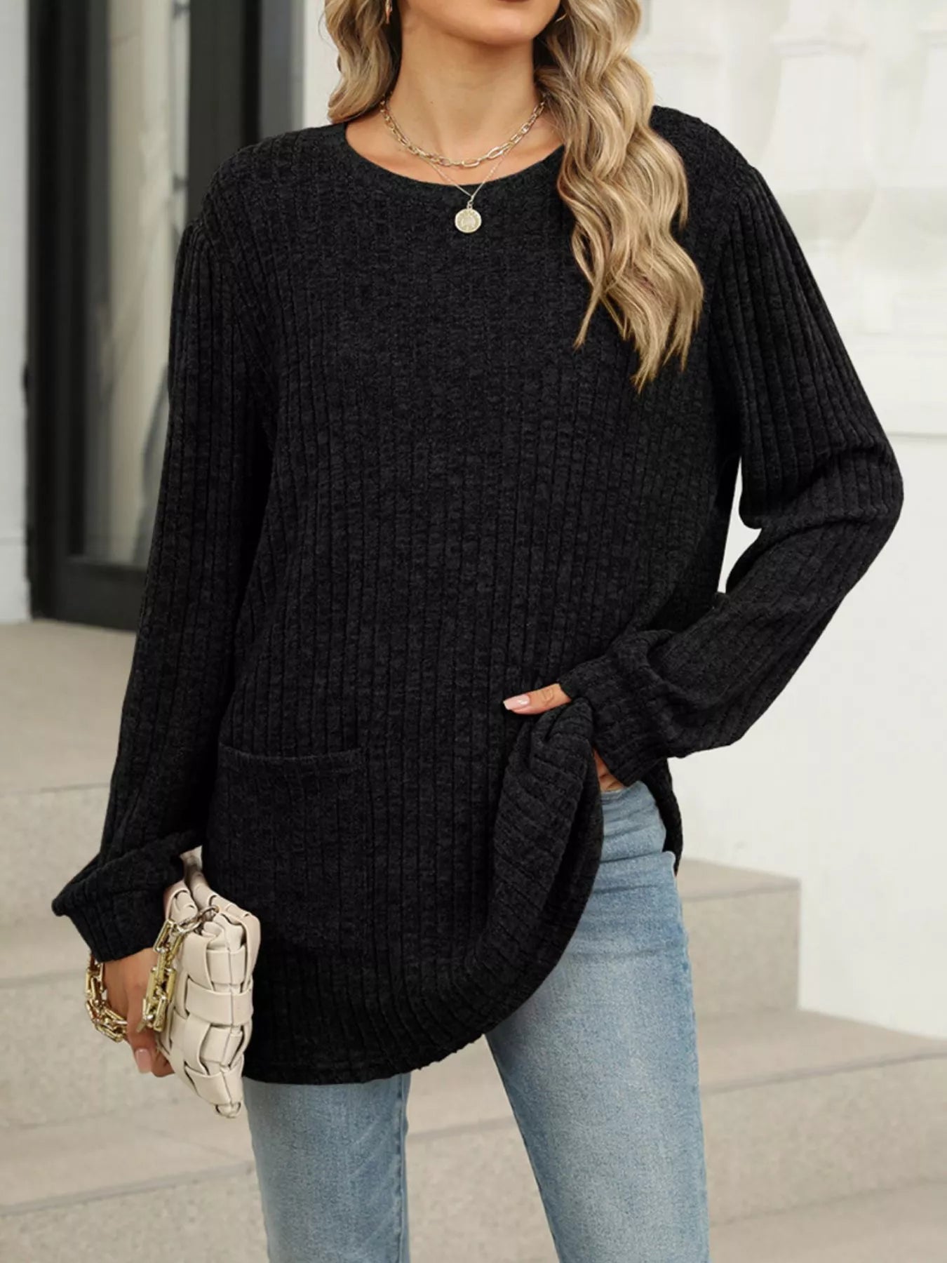 Ribbed Knit Long Sleeve T-Shirt Black e71bc65f-f11f-49a3-8668-f9fb070ac900-Max-Origin