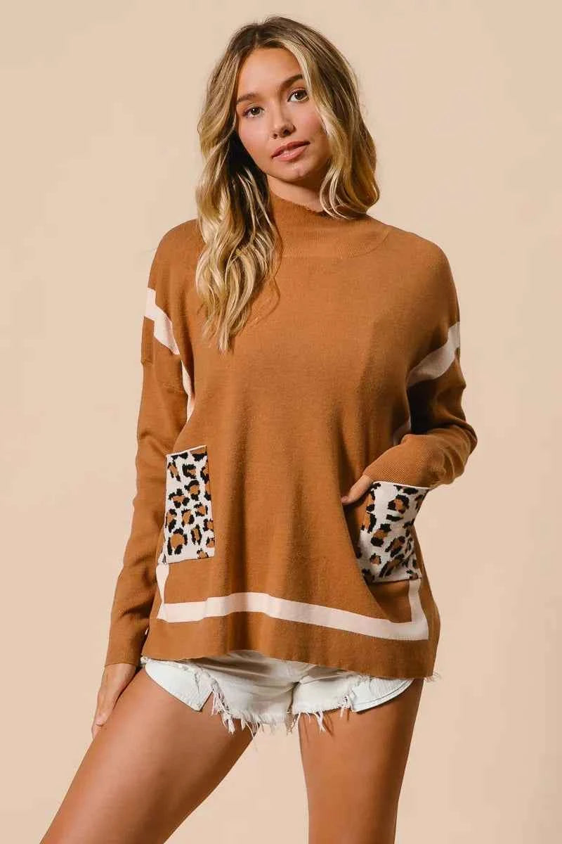 BiBi Mock Neck Sweater with Leopard Pocket e726e2b77eb642a4b6e0a011aae82e7e-Max-Origin