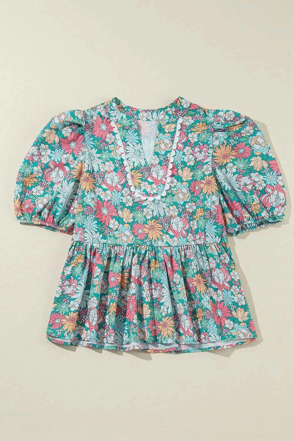 Printed Notched Short Sleeve Blouse e72c4a7d-49d7-4836-9414-5d7b272beb94-Max