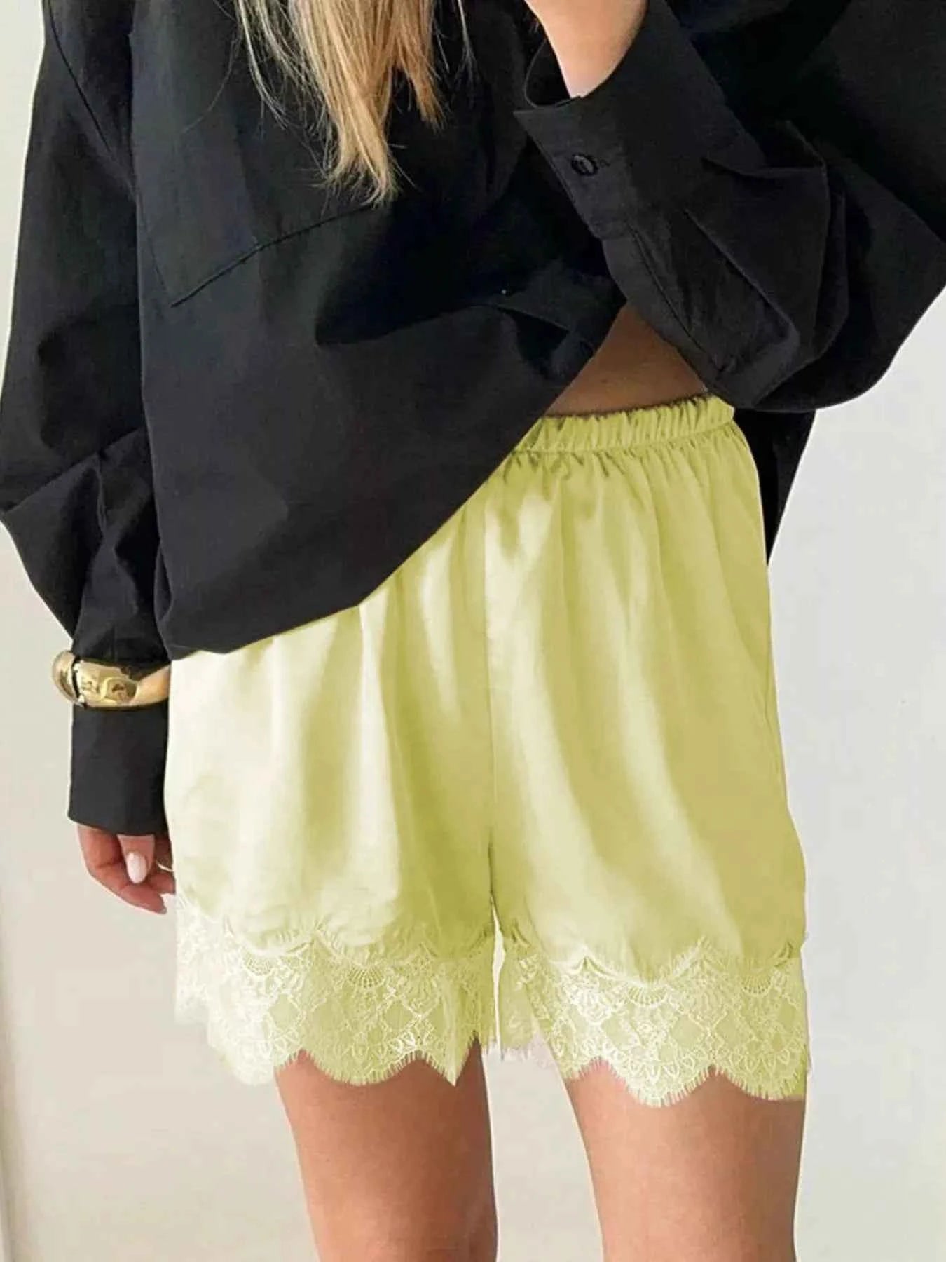 Lace Trim Elastic Waist Shorts Yellow e72d82c2-57f0-4e21-8b5e-e2fafd7362b0-Max-Origin