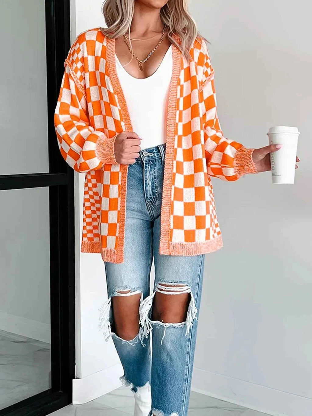 Checkered Pattern Open Front Cardigan e7496f62-59c2-4a4a-8f8c-864587c9a1ec-Max-Origin