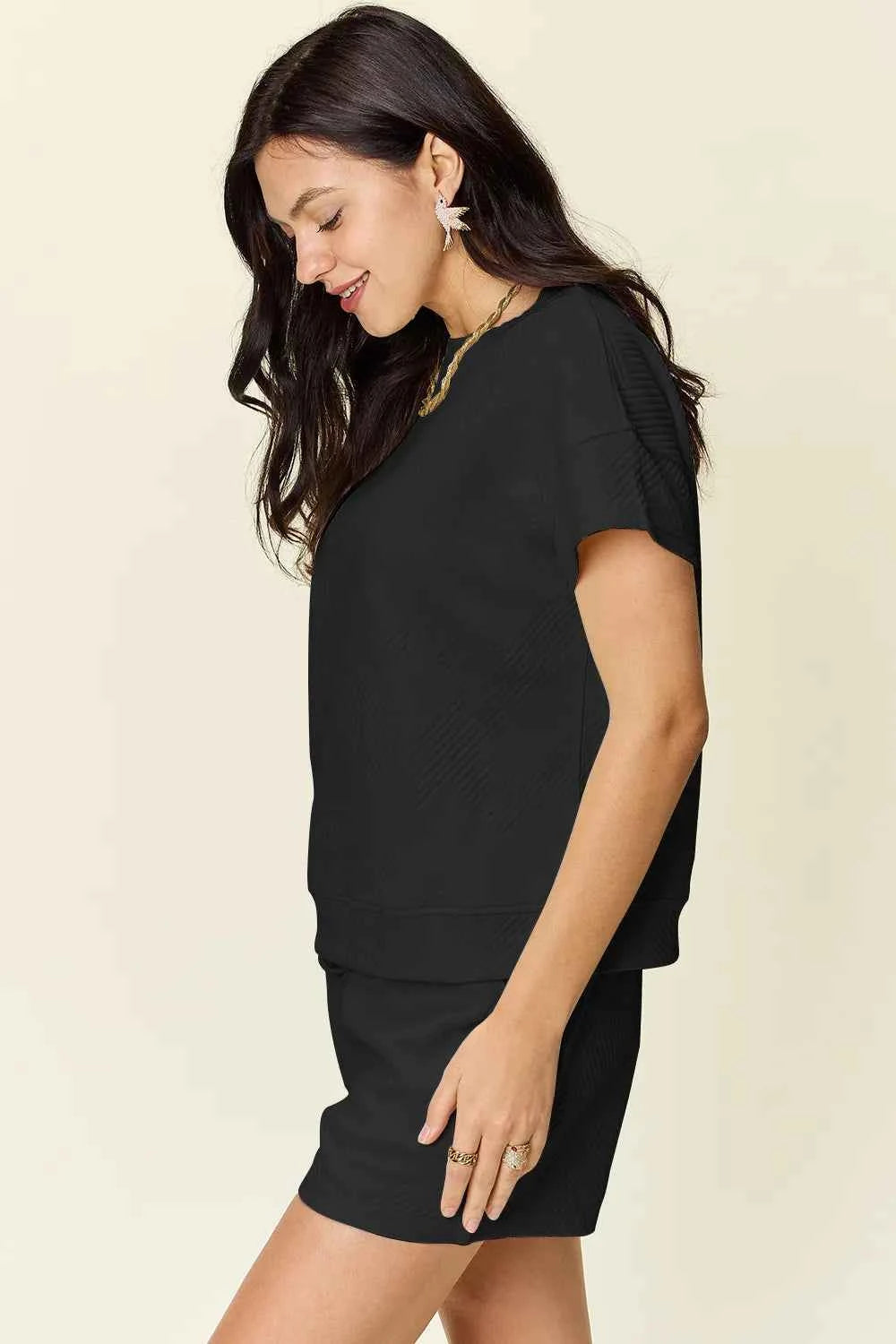 Double Take Full Size Texture Short Sleeve T-Shirt and Drawstring Shorts Set e7522fb7-273a-4b47-8f6f-71b5f1f88f75-Max