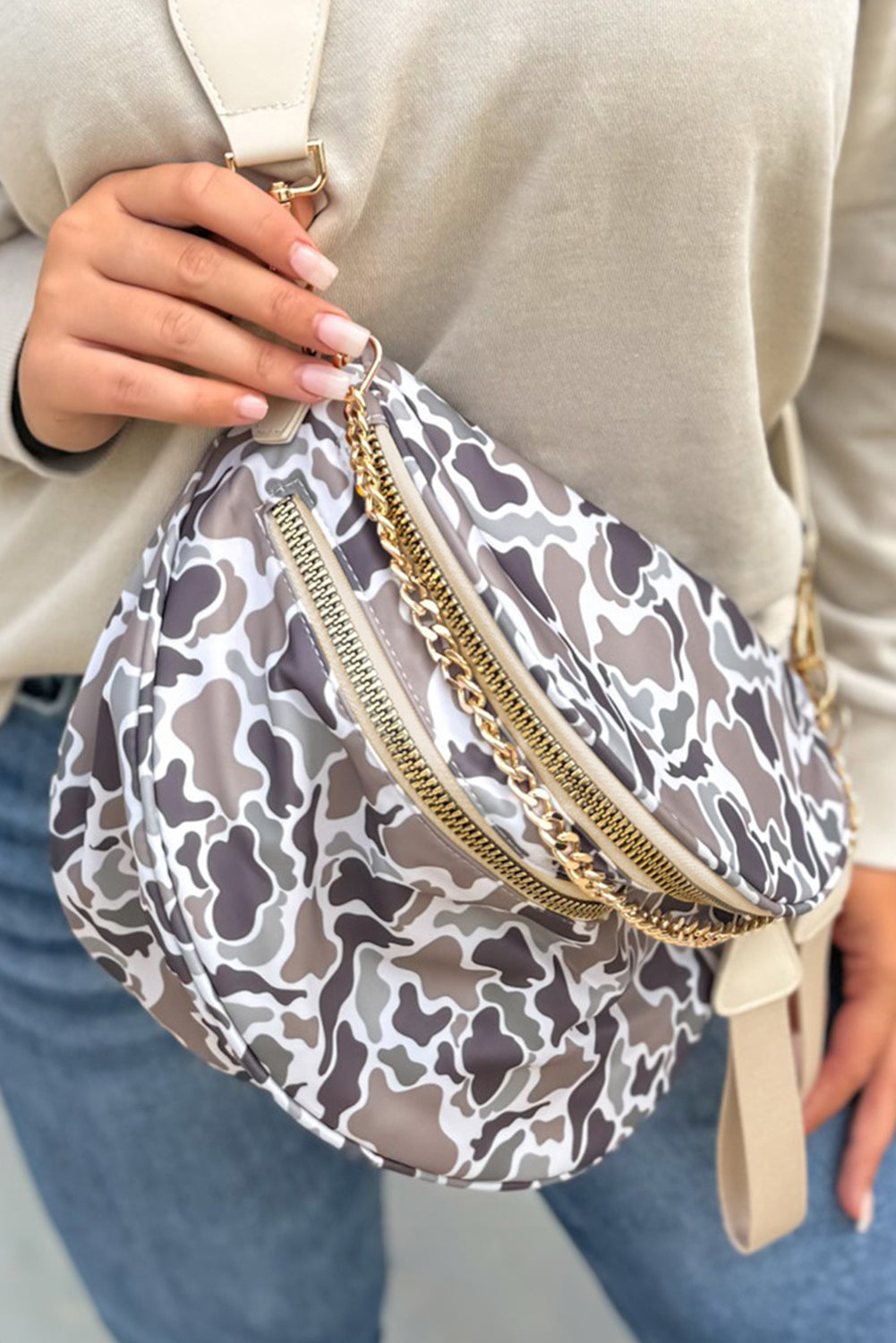 White Camouflage Print Double Zipper Crossbody Bag e7581c7ab4edc76a