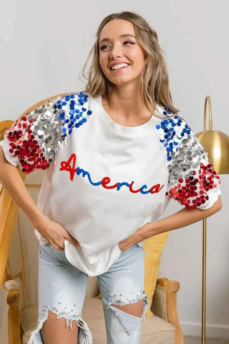 BiBi America Letter Applique Spangle Puff Sleeves Top e75a142ff0e648328e83c4f1bd1d59a5-Max-Origin
