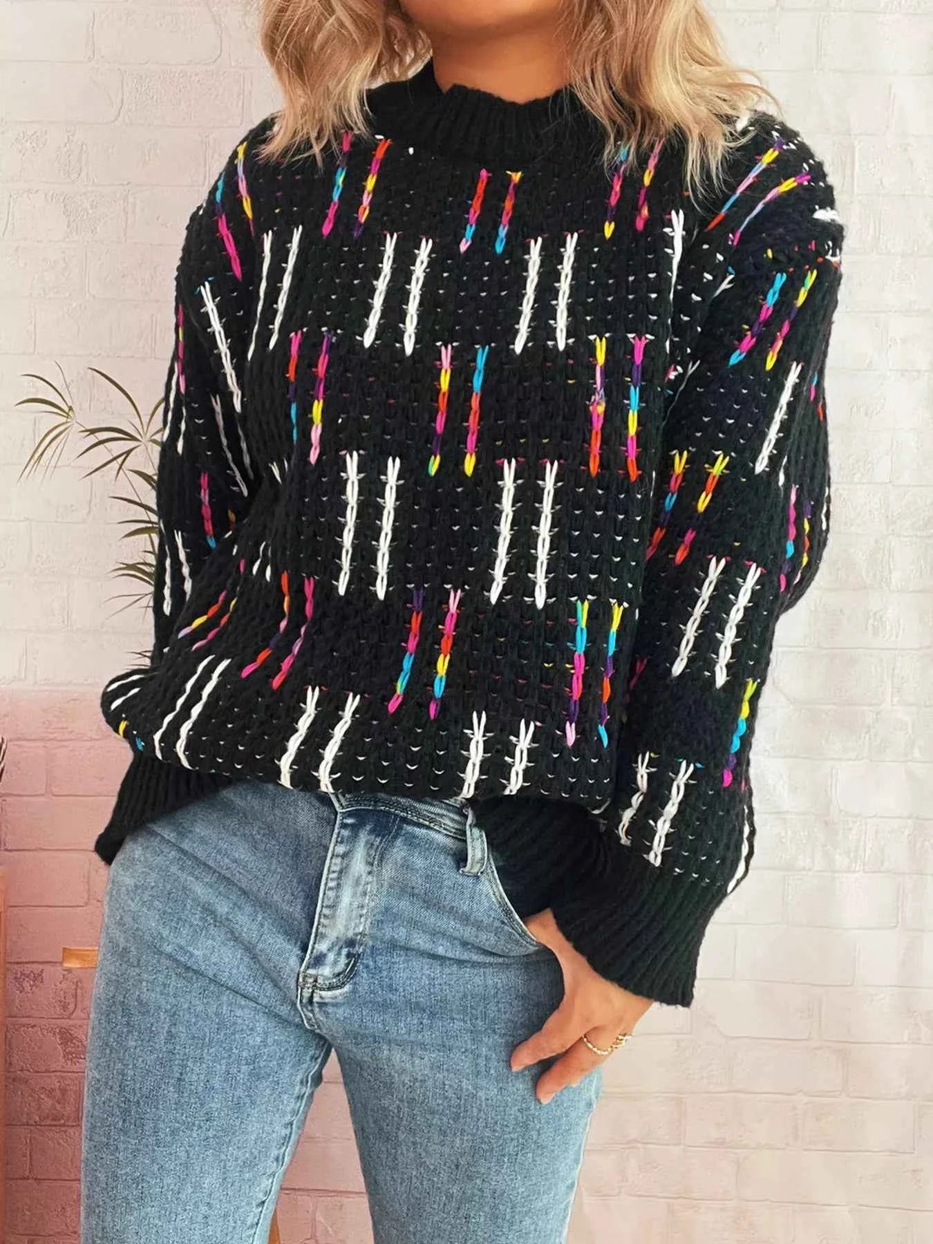 Colorful Round Neck Long Sleeve Sweater Black One Size e75c26daadbc40efb6fcdfffb8fe1ee4-Max-Origin
