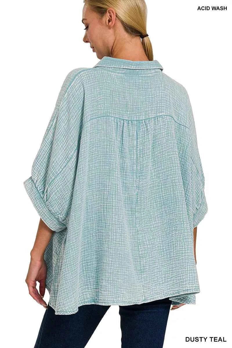 Zenana Washed Double Gauze Button Down Half Sleeve Shirt e76de40ffb954b4e815f27692c064566-Max-Origin