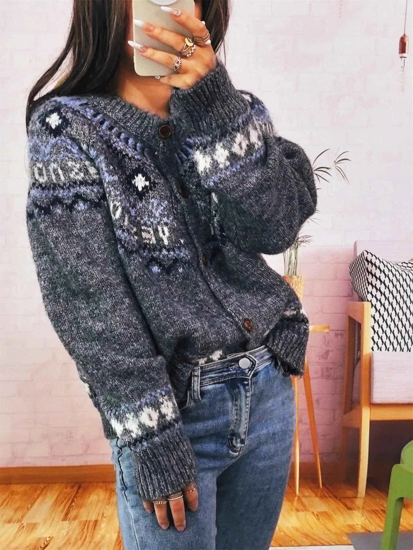 Geometric Pattern Button Up Long Sleeve Cardigan e7809b03338243d2a0fdca7d58a4e4c5-Max-Origin