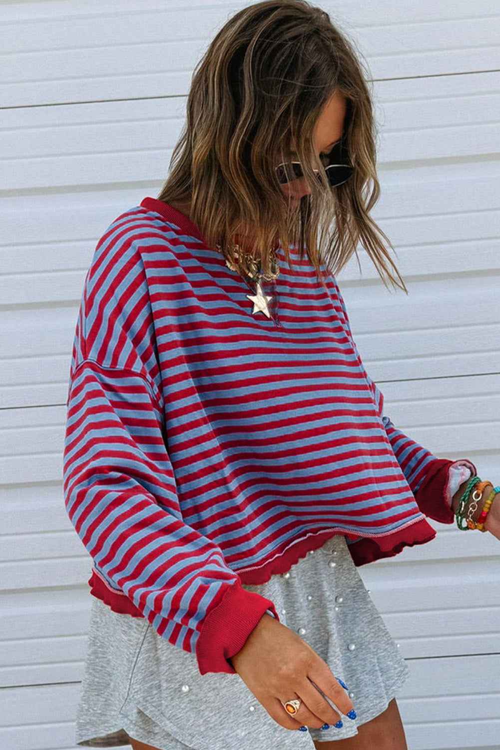 Red Stripe Exposed Seam Contrast Ribbed Trim Oversize Sweatshirt e78830c49cd03a19