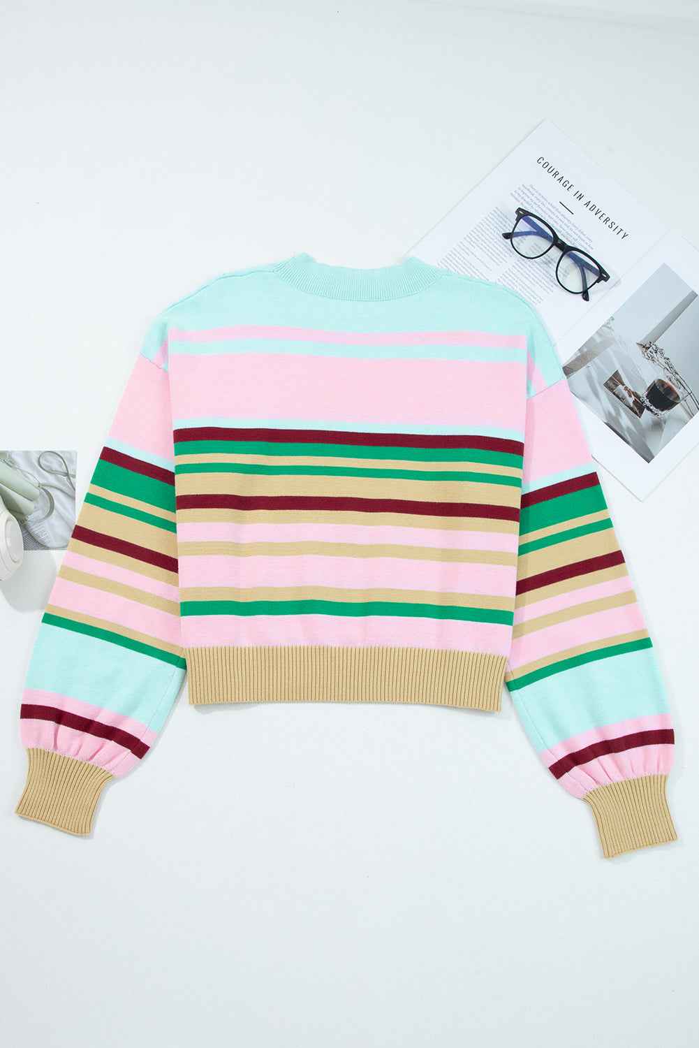 Multicolour Striped Knit Ribbed Trim Boxy Fit Cropped Sweater e79bab270f3bd15b