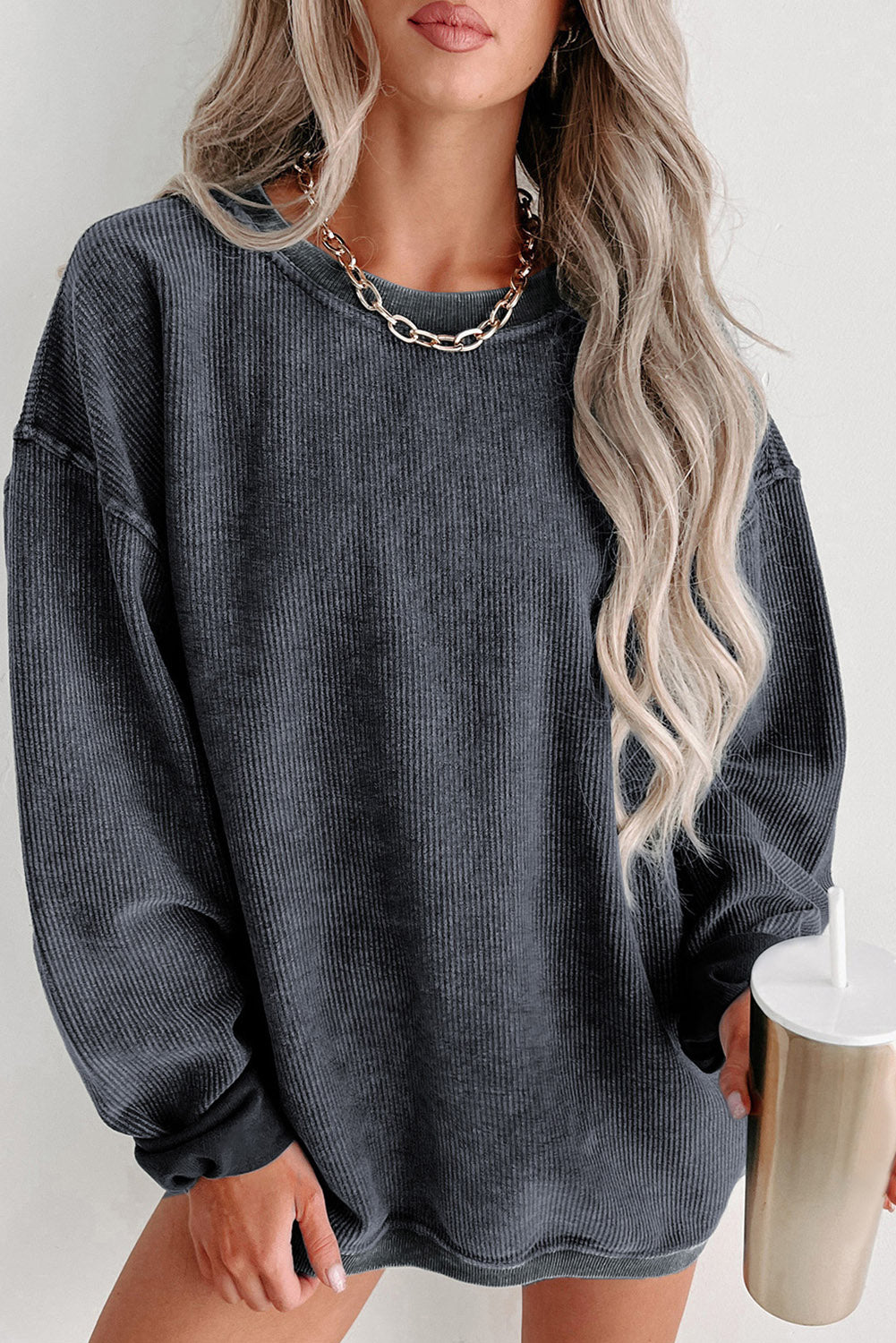 Green Ribbed Round Neck Drop Sleeve Pullover Sweatshirt Gray 100%Polyester e7a9b3ec67a41222