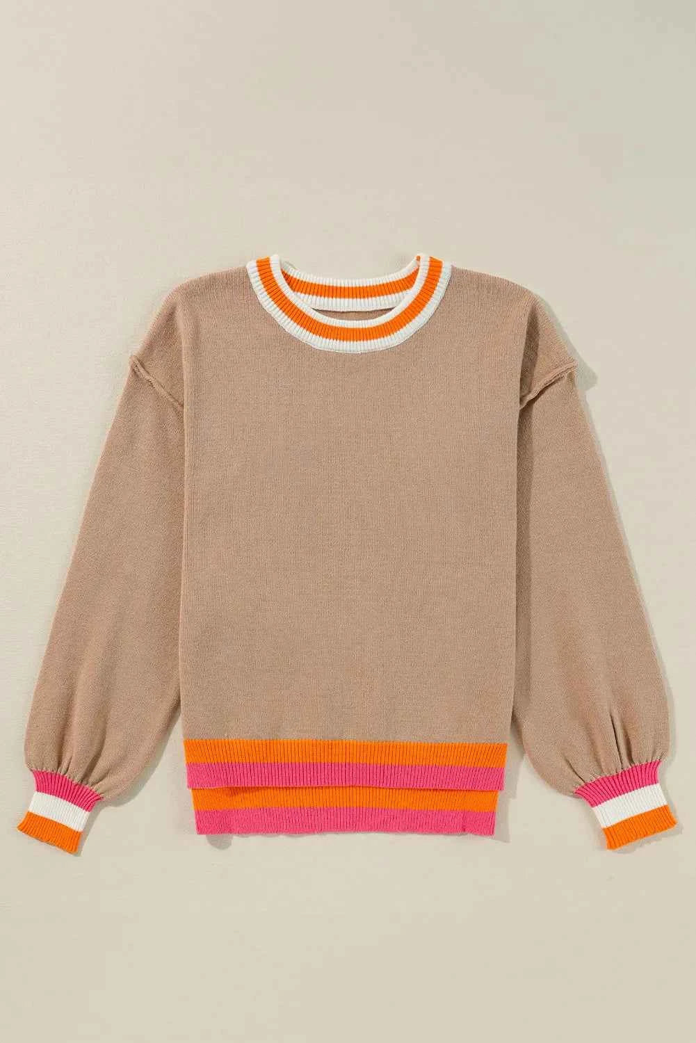 Contrast Round Neck Long Sleeve Sweater e7bf6f2c-30ba-4763-ac72-b97bfb01c700-Max