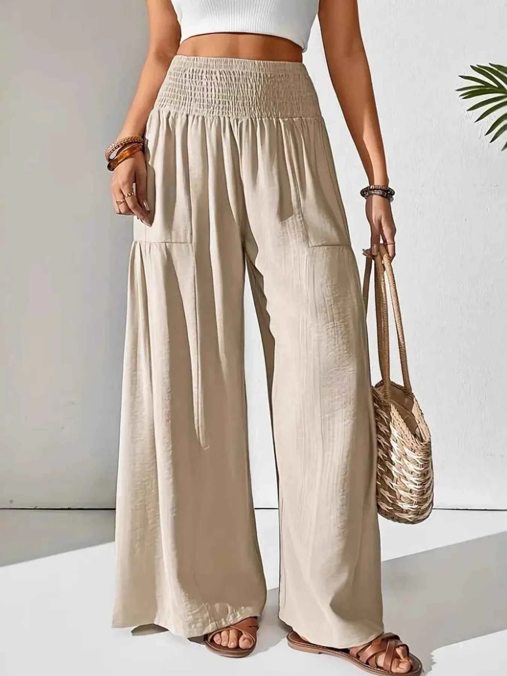 Smocked Waist Wide Leg Pants Apricot e7c5281dc7eb4759b7b6b57ea2a50e8b-Max-Origin