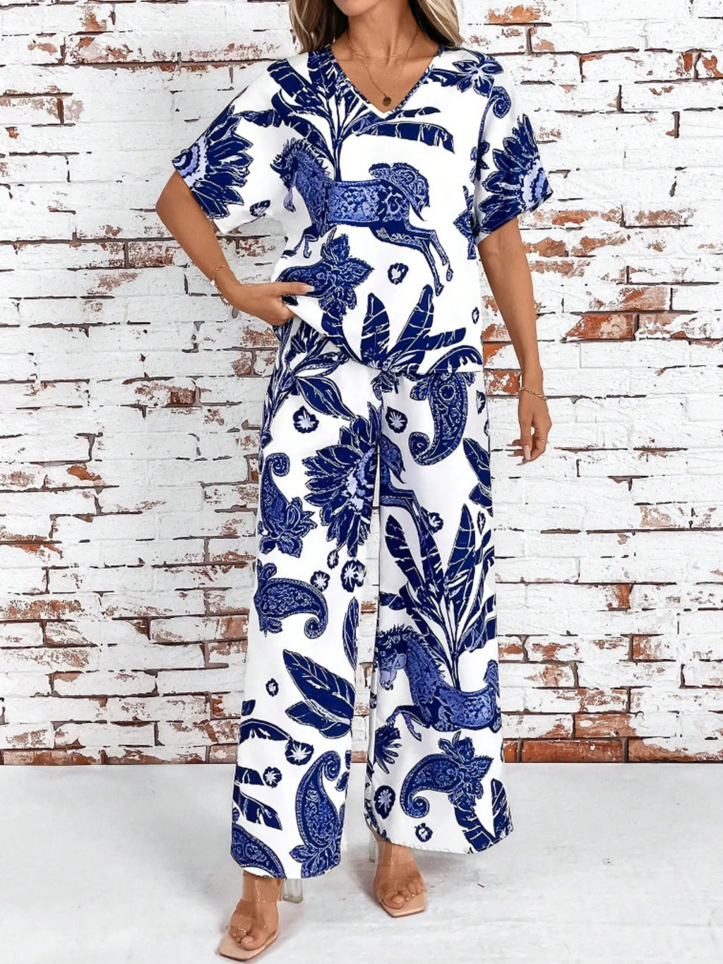 Printed V-Neck Top and Wide Leg Pants Set Blue e7d72d552c3d4fdfa18be0a00f386ce9-Max-Origin