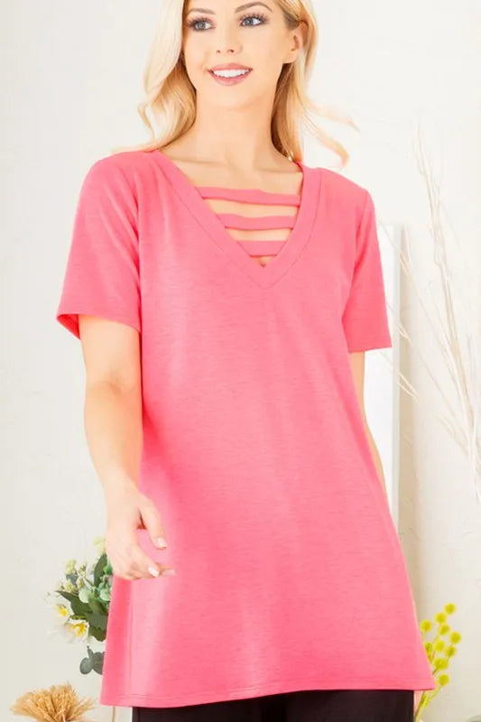 Heimish Full Size V-Neck Short Sleeve T-Shirt with Bar Detail Plus Size e7e93924-730d-4838-b5c0-418417e05b33-Max