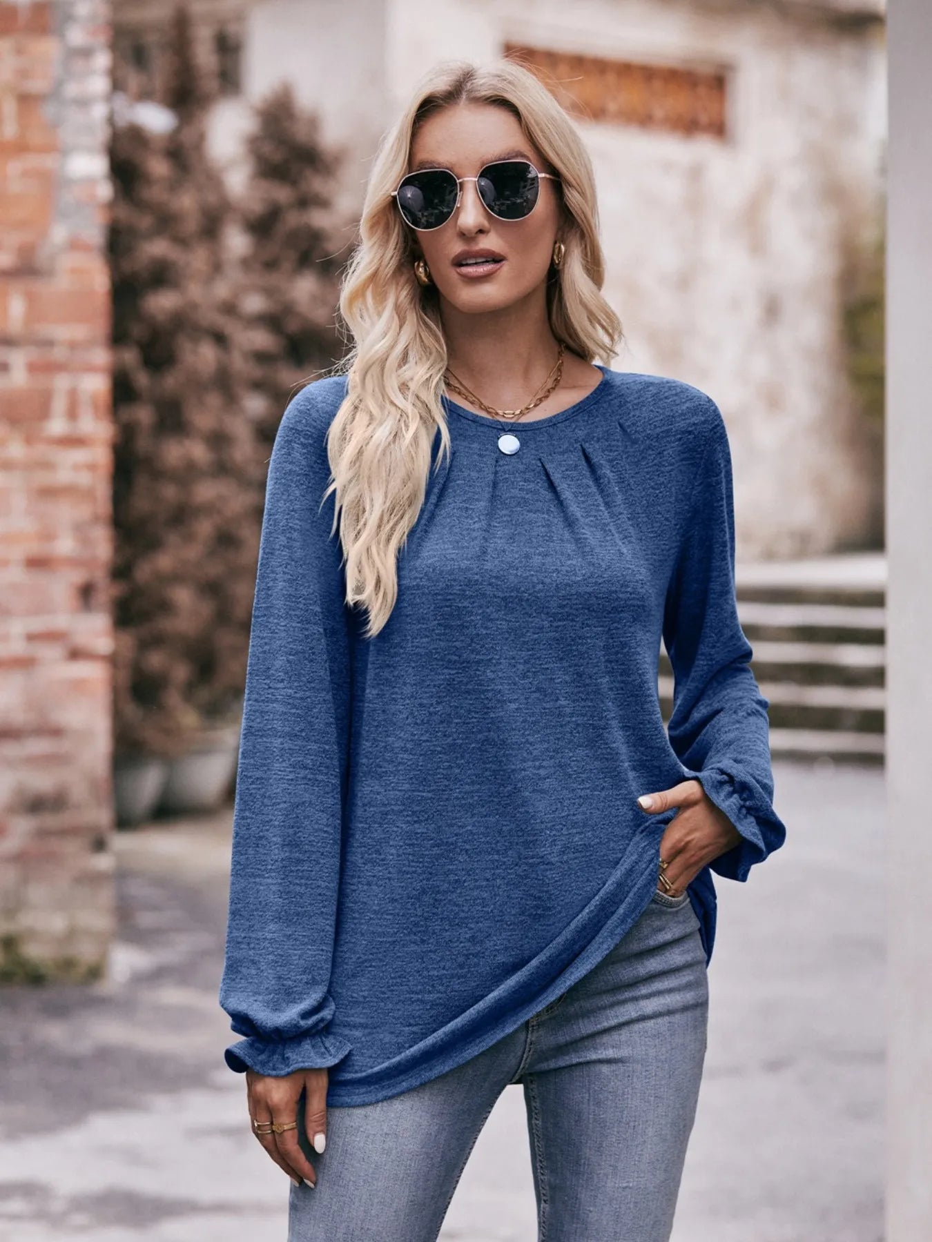 Round Neck Long Sleeve Casual T-Shirt Indigo e7ea382e-5895-4ff5-ac77-4a8369ee88f8-Max-Origin