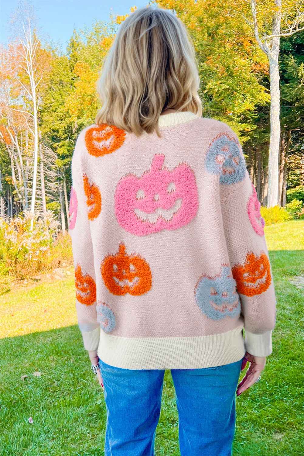 Beige Halloween Cute Pumpkin Pattern Sweater e803ed3a3e9f1d09