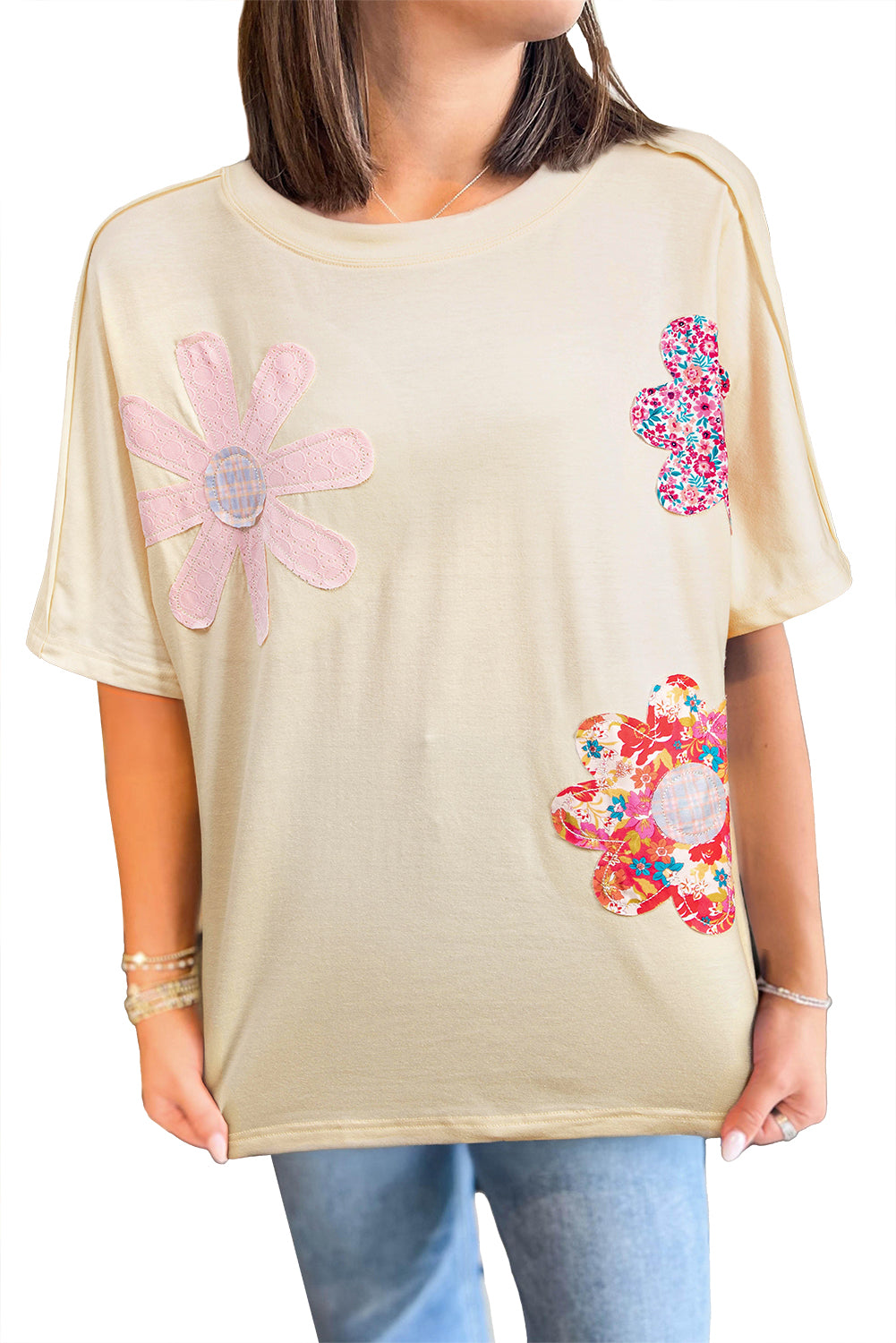 Sky Blue Flower Patched Exposed Stitching Trim Loose Tee e80fc28174cdc061