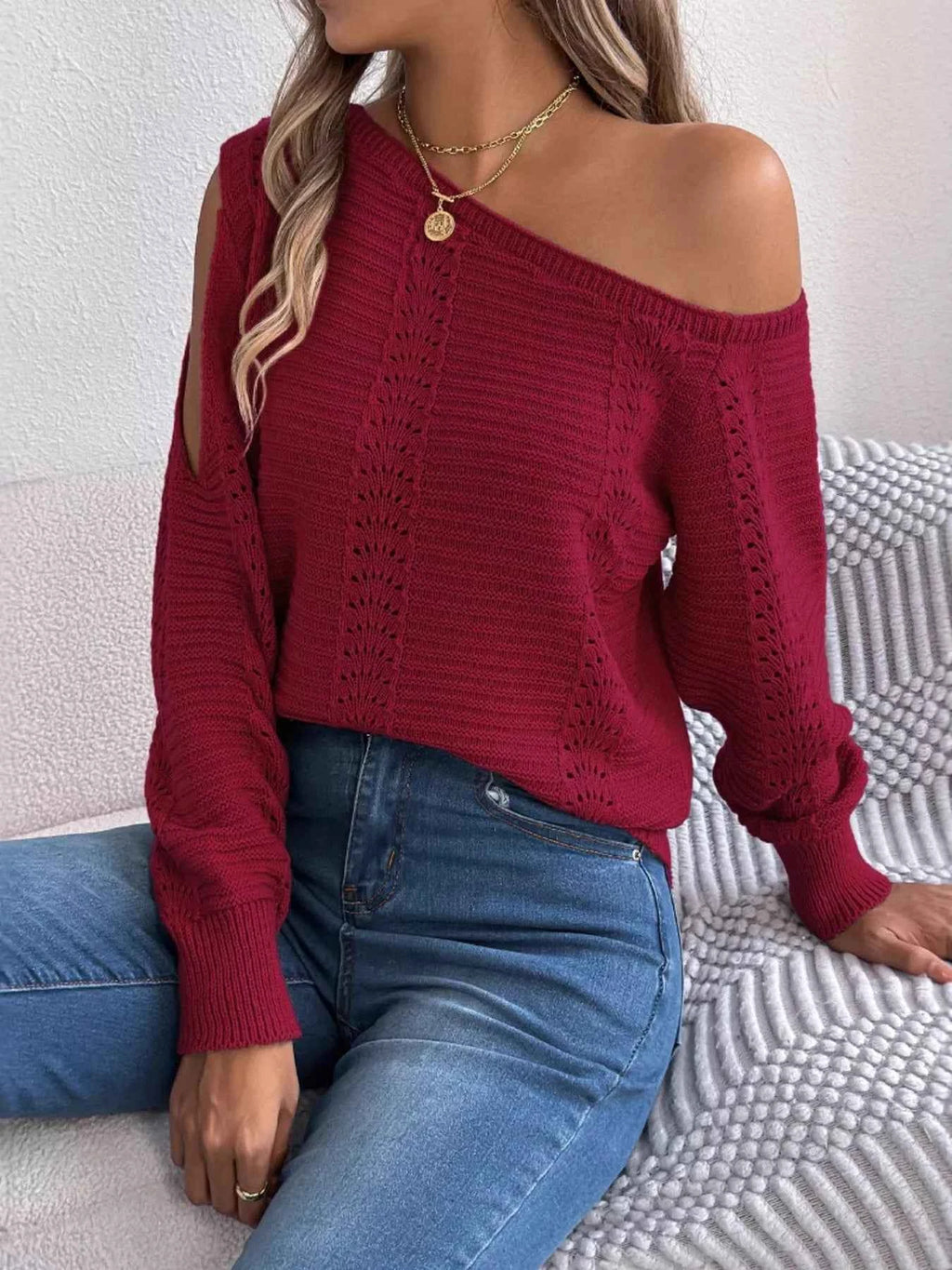 Openwork One Shoulder Cutout Long Sleeve Sweater e81156c68fc947cc9a766b16579d5e34-Max-Origin