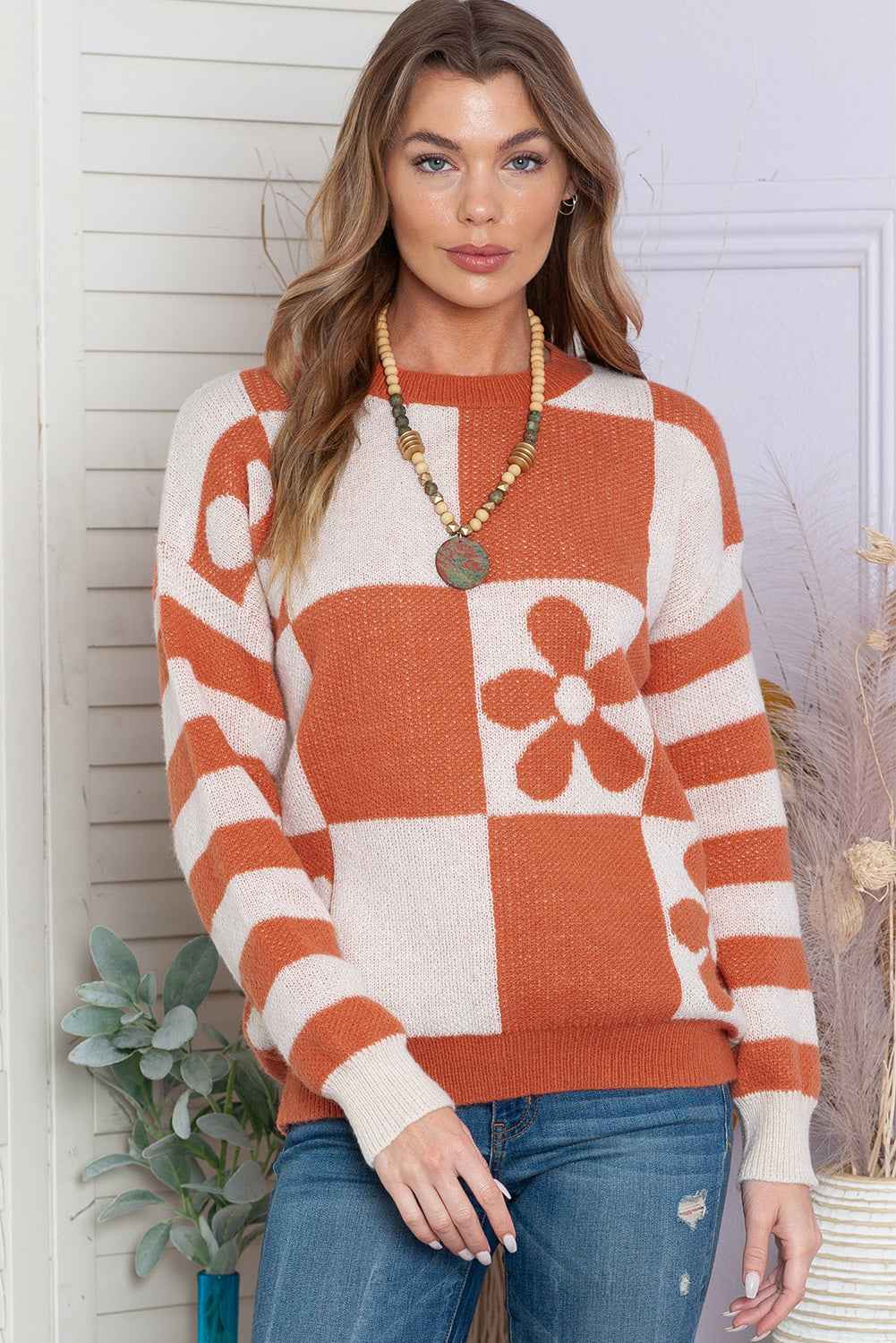 Brown 60s Floral Checkered and Striped Knitted Pullover Sweater Brown 100%Polyester e8156d5937ba2c00