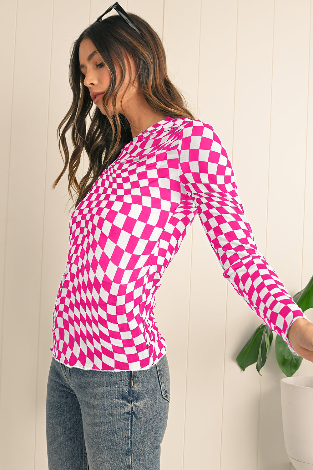 Black Checkered Pattern Mesh Long Sleeve Top e8202f75acfb75f6