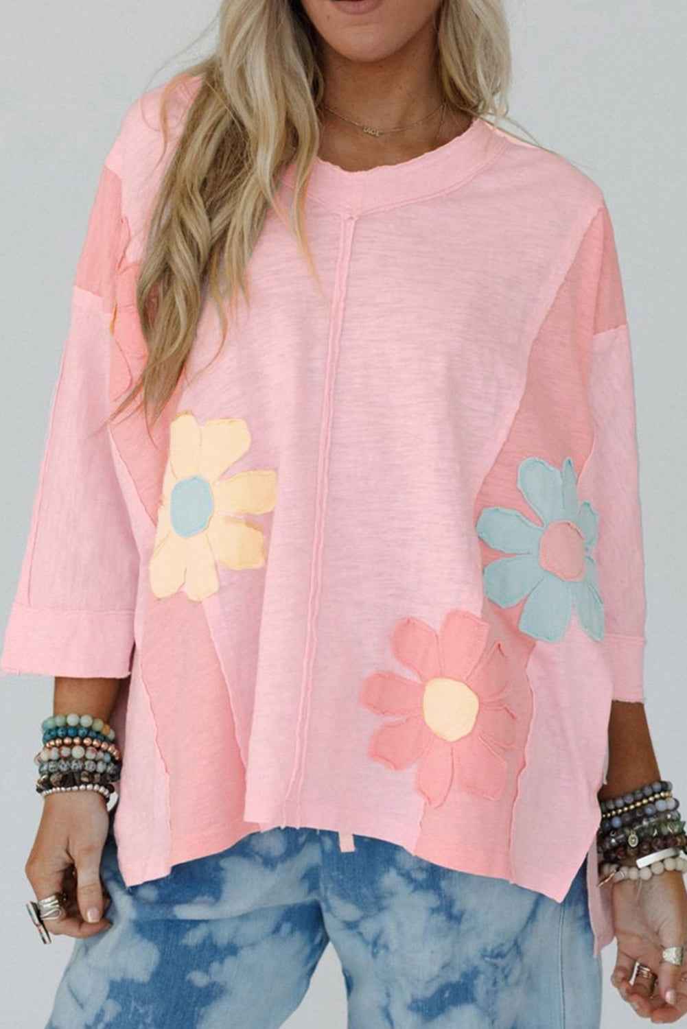 Light Blue Flower Patched Exposed Seam 3/4 Sleeve top Pink 65%Polyester+35%Cotton e82b8c1ac08fa98b