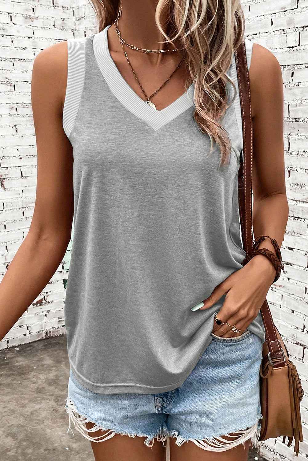 Mist Green Contrast Trim V-Neck Loose Fit Tank Top Gray e831edb574852bf8