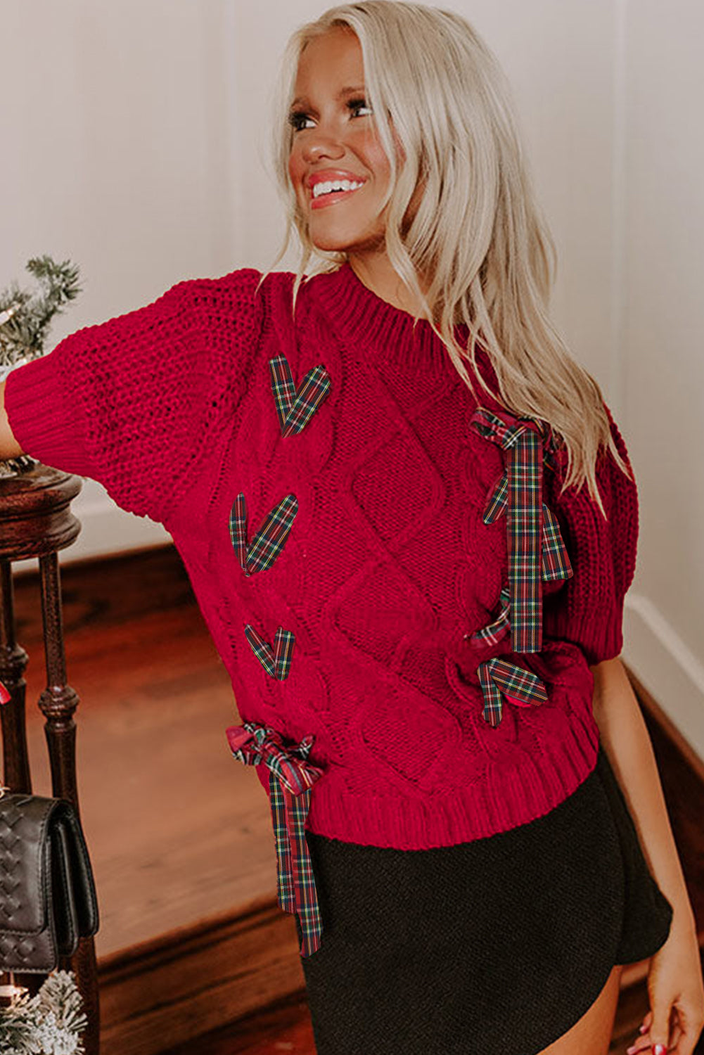 Fiery Red Plaid Lace-up Detail Christmas Holiday Puff Short Sleeve Sweater