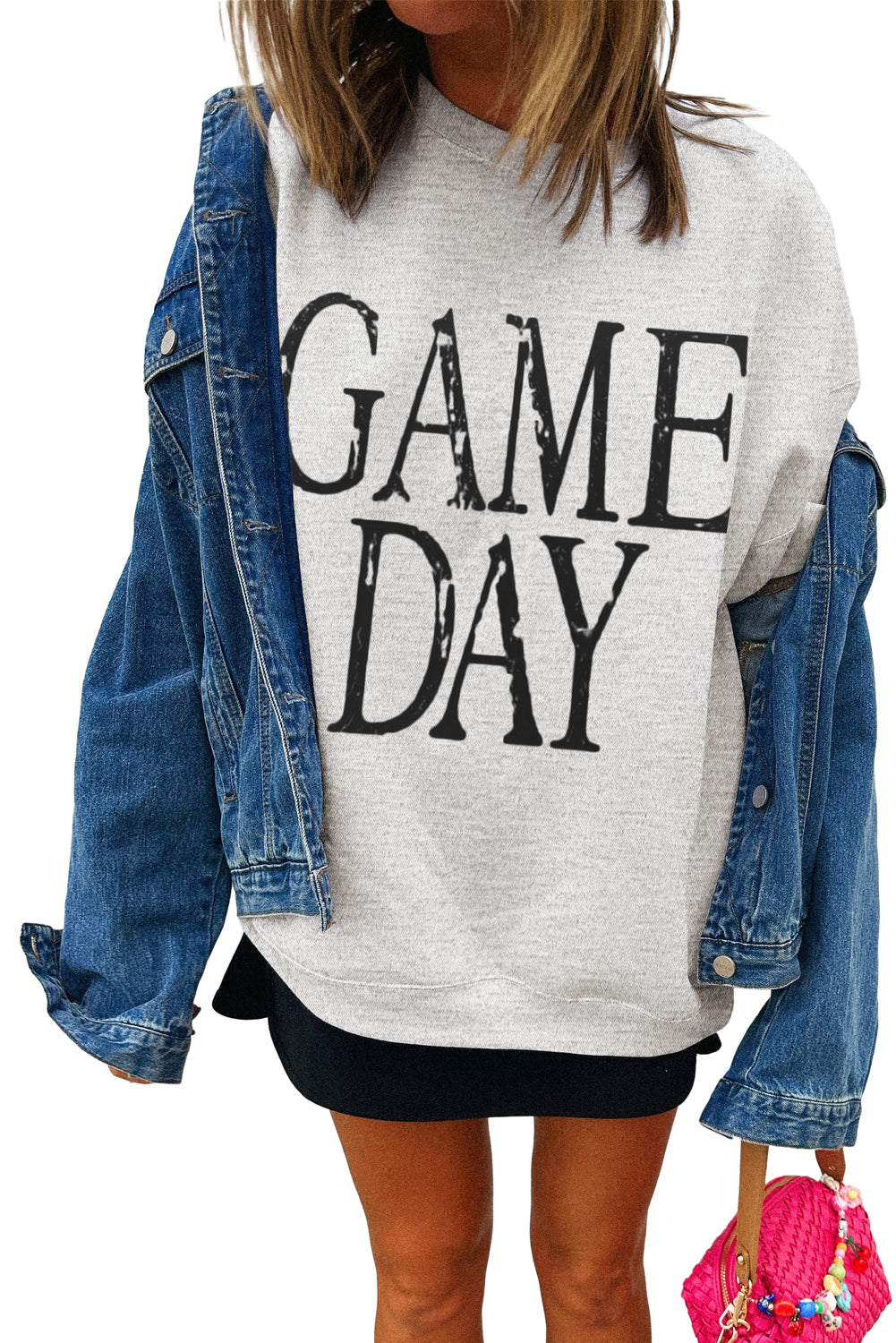 Black GAME DAY Vintage Washed Letter Graphic Baggy Sweatshirt e84b3b3dc012988f