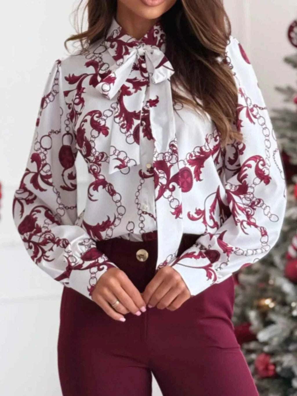 Tie Front Printed Long Sleeve Shirt White Red Flower e8509fe1-ec5a-4f86-983f-69dbc9253f8b-Max-Origin
