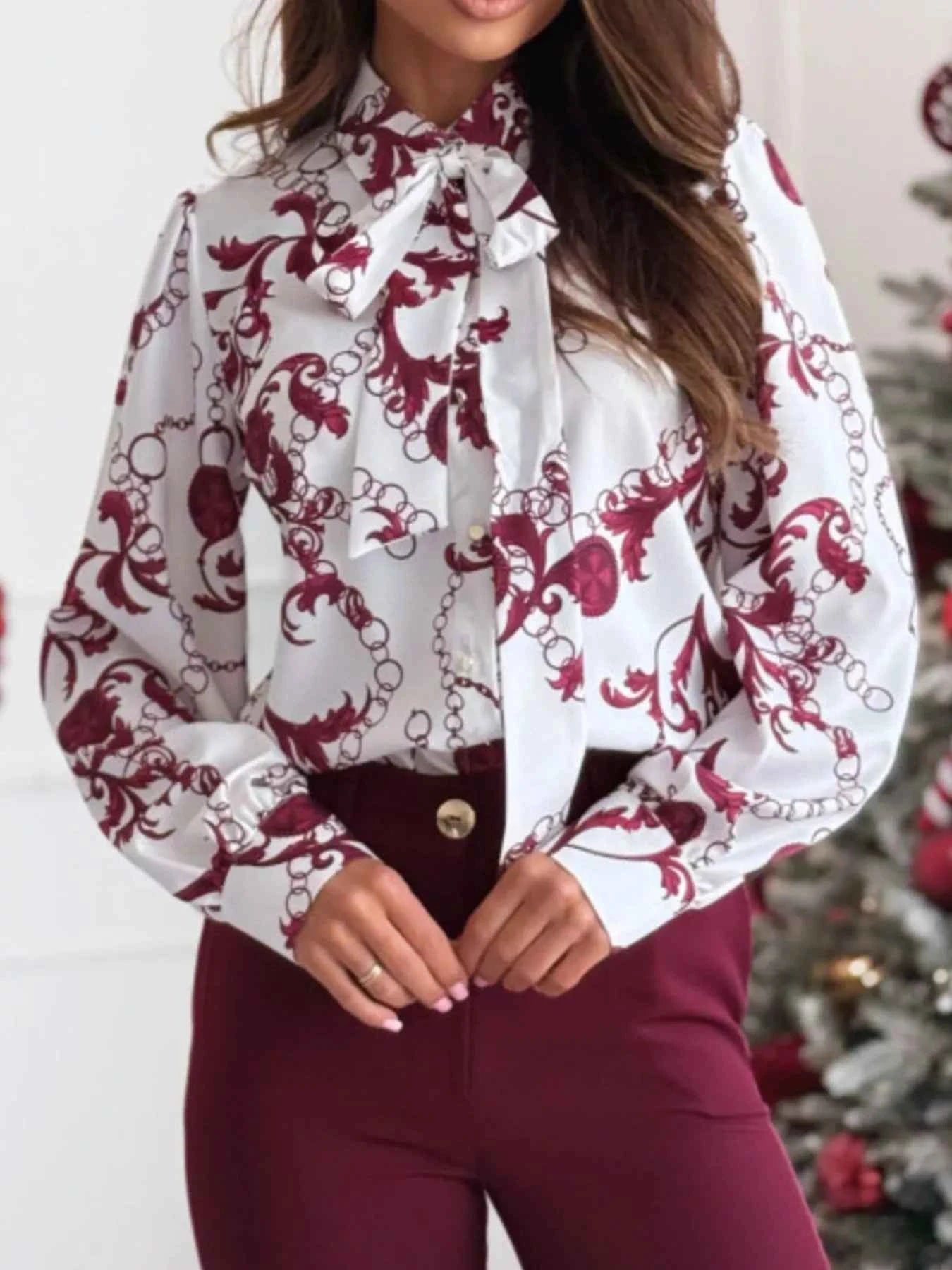 Tie Front Printed Long Sleeve Shirt White Red Flower e8509fe1-ec5a-4f86-983f-69dbc9253f8b-Max-Origin