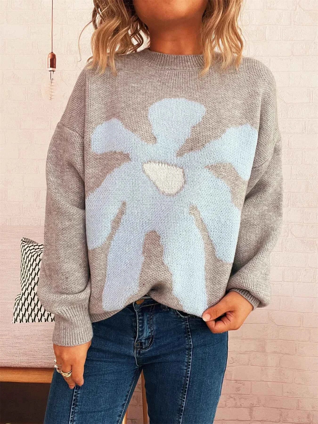 Flower Dropped Shoulder Sweater Gray One Size e8980351375143eb9b9ea92d3f4d1f86-Max-Origin