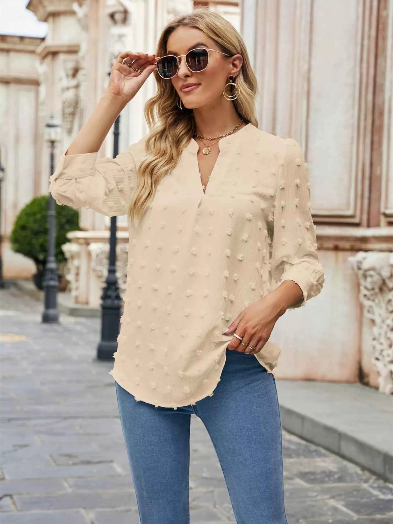 Swiss Dot Notched 3/4 Sleeve Blouse Apricot e8a9e685982e48098d273a6b512231f3-Max-Origin