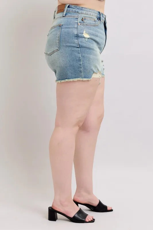 Judy Blue Full Size High Rise Washed Fly Stitch Detail and Destroy Denim Shorts Plus Size e8b44ad4-1b80-4bb1-8fc5-0d29d3583f59-Max-Origin
