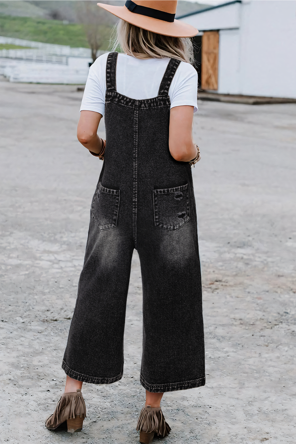 Black Distressed Bib Pocket Wide Leg Denim Overall e8cca9d8d9029131