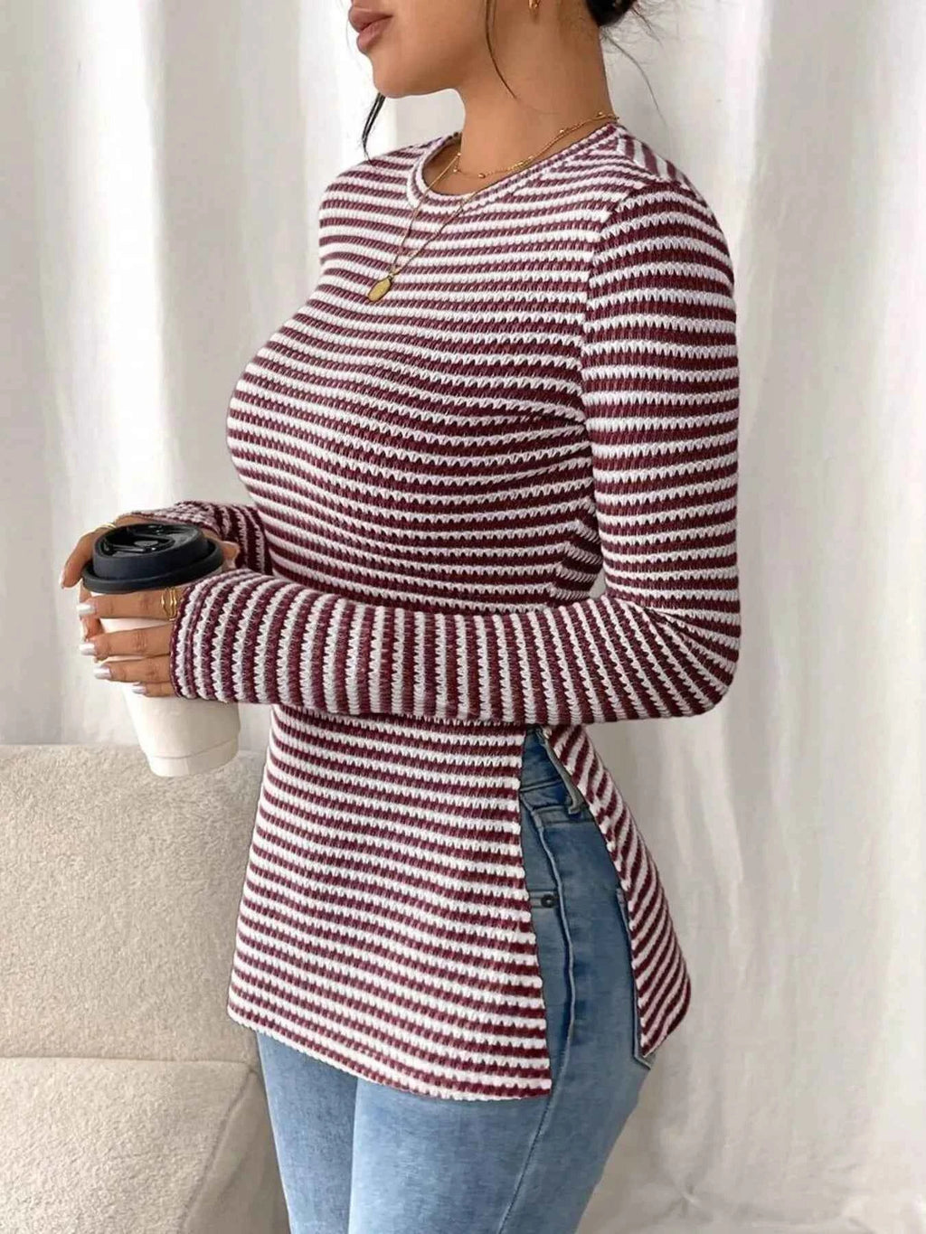 Side Slit Striped Long Sleeve T-Shirt e8d099d8156b436db925baf1579c7de8-Max-Origin