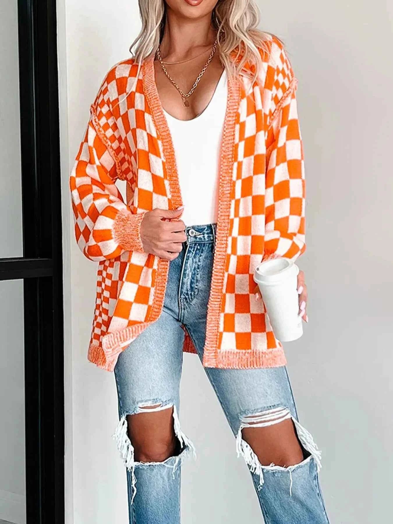 Checkered Pattern Open Front Cardigan e8e8bef2-e37a-413c-ad47-1ae76e8c0df0-Max-Origin