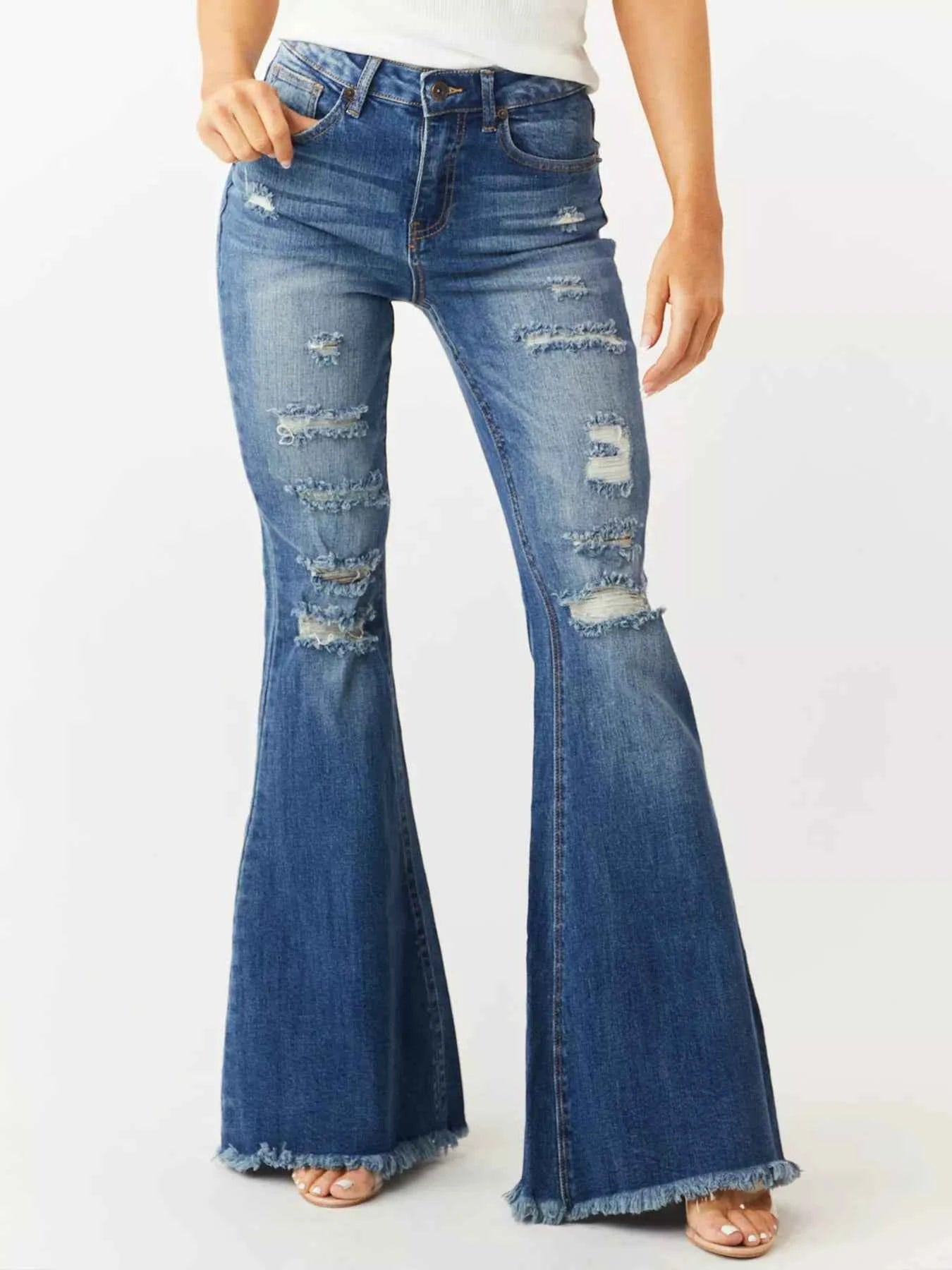 Distressed Raw Hem High-Waisted Flare Jeans Medium e8f212c101ff4618aeab8de8ae3fff75-Max-Origin