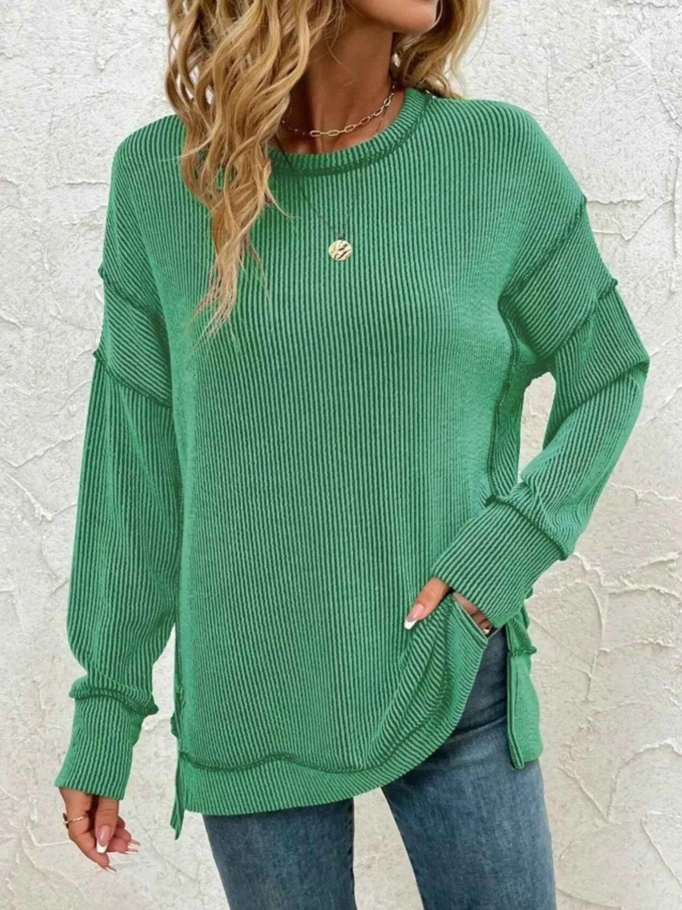 Side Slit Round Neck Dropped Shoulder Sweatshirt Green e8fc24d911ce4d498e98f8d05e8b33c3-Max-Origin