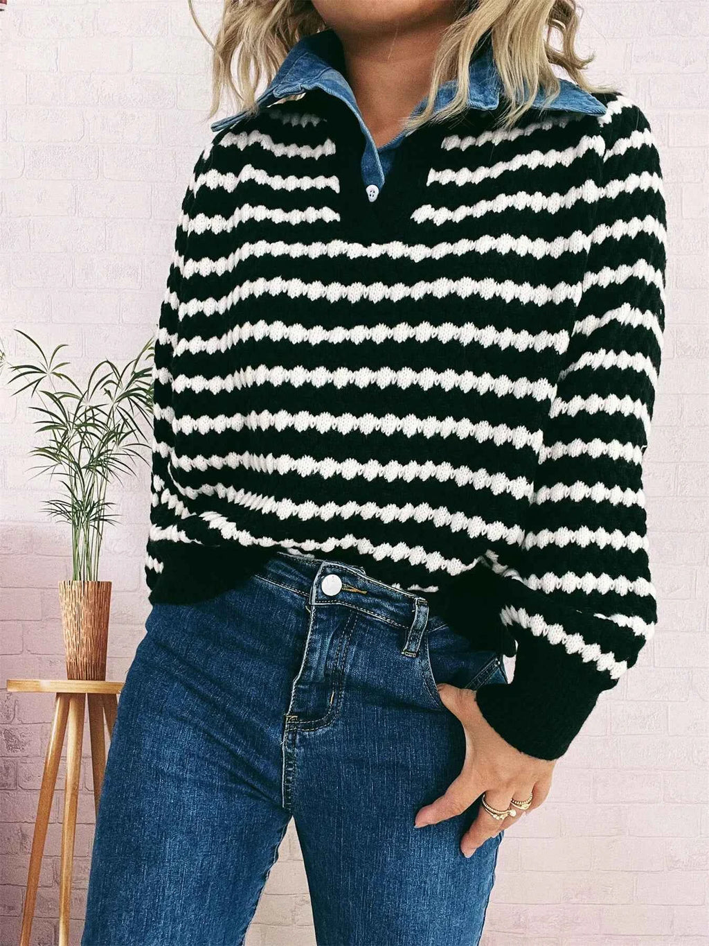 Contrast Striped Sweater with Denim Collar e900666ba80c47afa41801b0a14601c7-Max-Origin