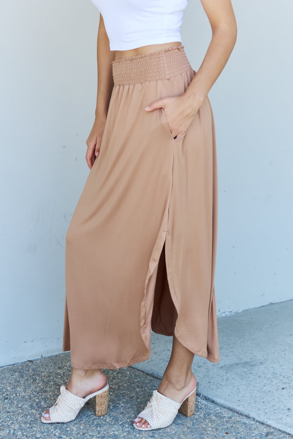 Doublju Comfort Princess Full Size High Waist Scoop Hem Maxi Skirt in Tan e91704546f6946cc8a6ff28ed981c5b0-Max